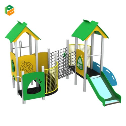 Double Tower Daycare Playground Equipment with Net Bridge-1